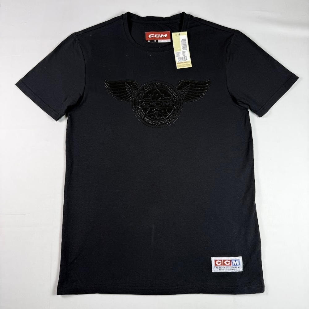 CCM T-Shirt Black Short Sleeve Embossed Winged Crest Graphic Mens Medium TSS34C